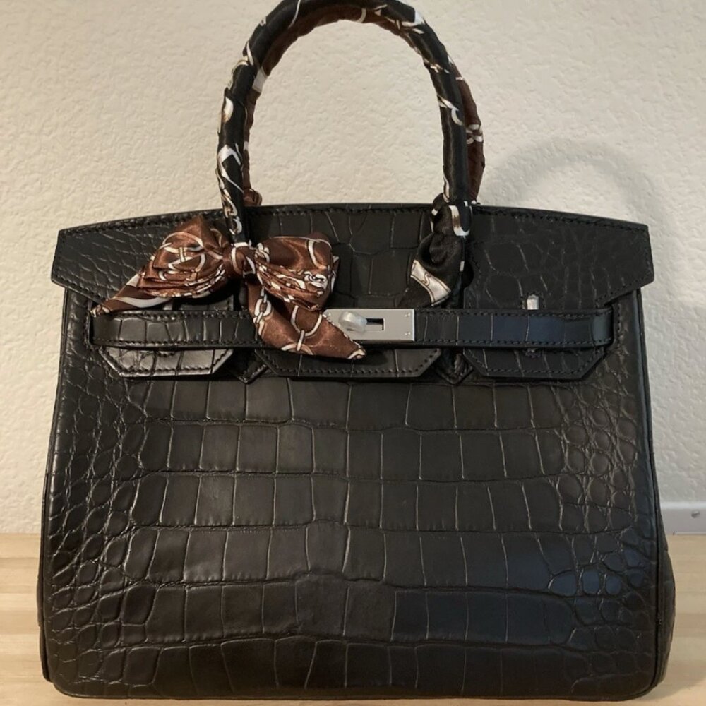 Black Crocodile Embossed Handbag Silver 30cm